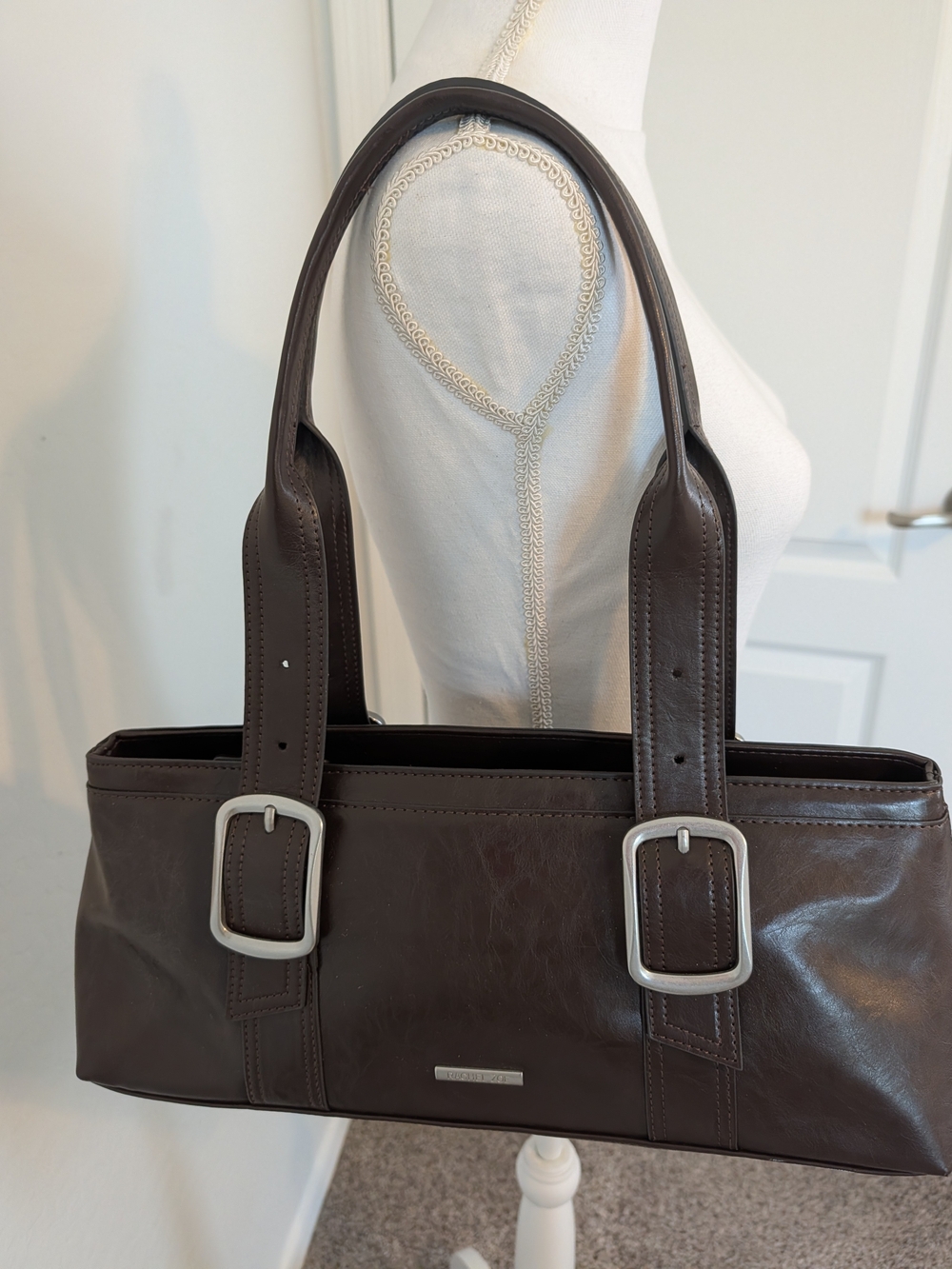 Rachel Zoe Dark Brown Leather Shoulder Bag with Silver Buckles